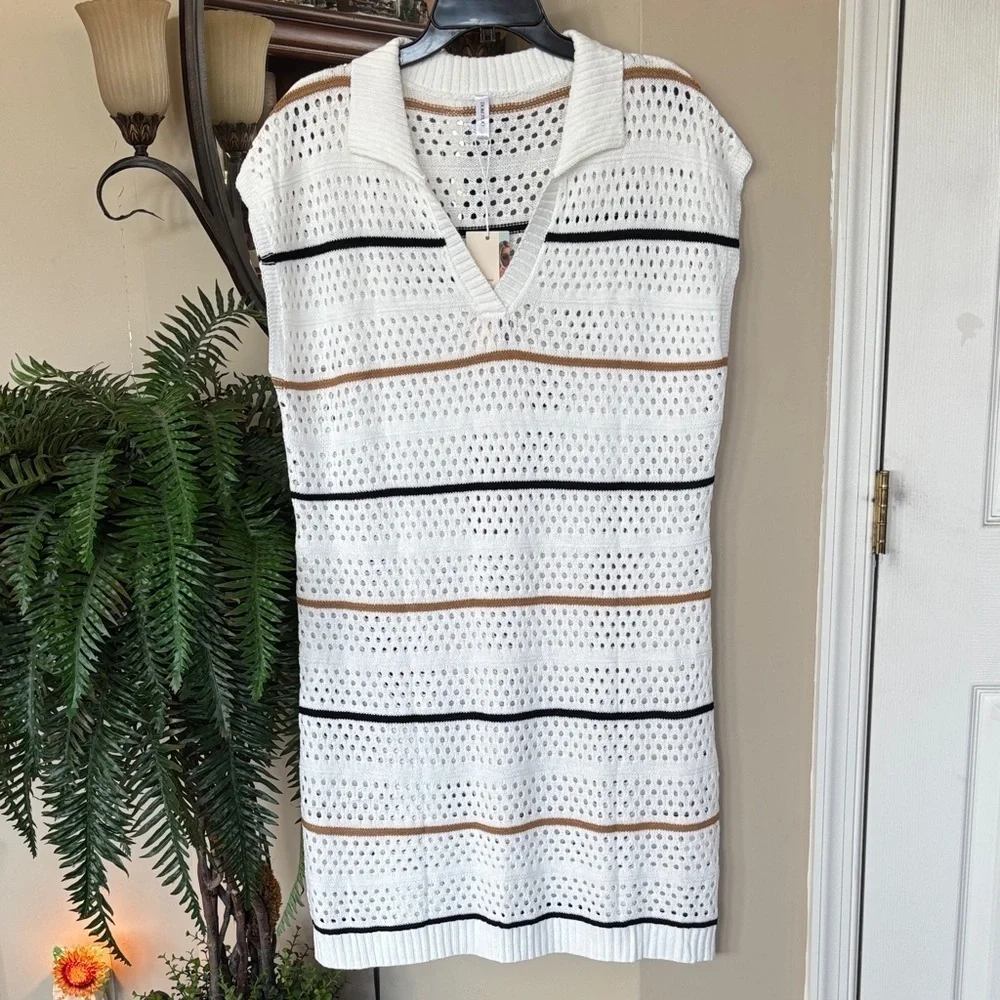 Brand New Dokotoo White Striped Crochet Knit Sweater Dress Swim Coverup V-Neck